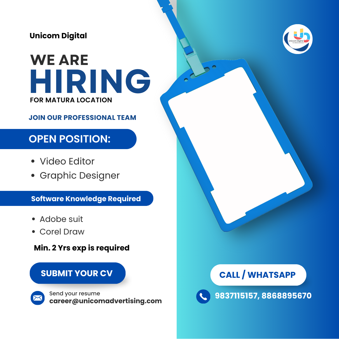 Unicom Digital Facebook ad: HIRING for Graphic Designer & Video Editor