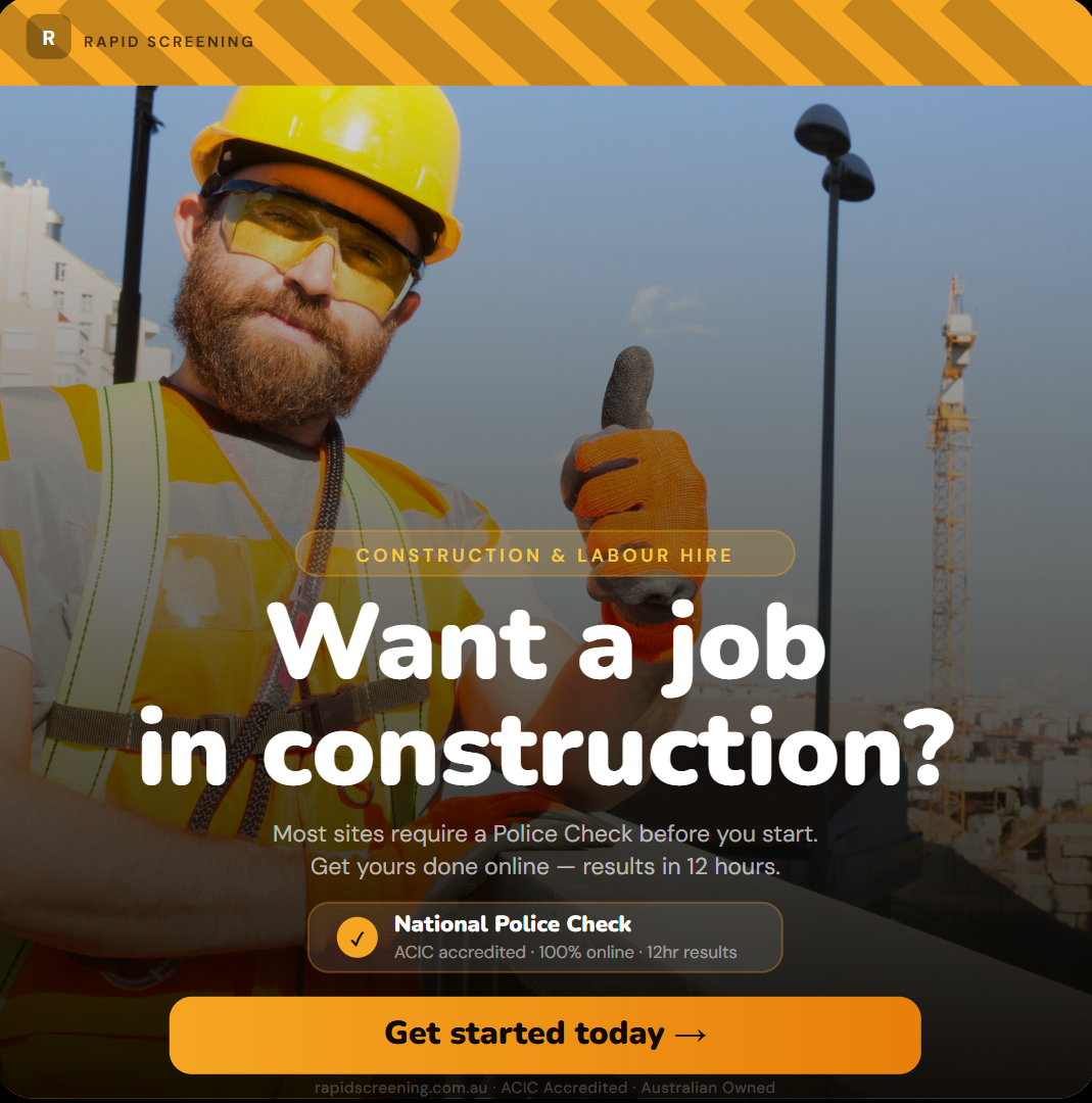 Rapid Screening - Background Check Facebook ad: Want a Job in Construction? Get Your Check Today