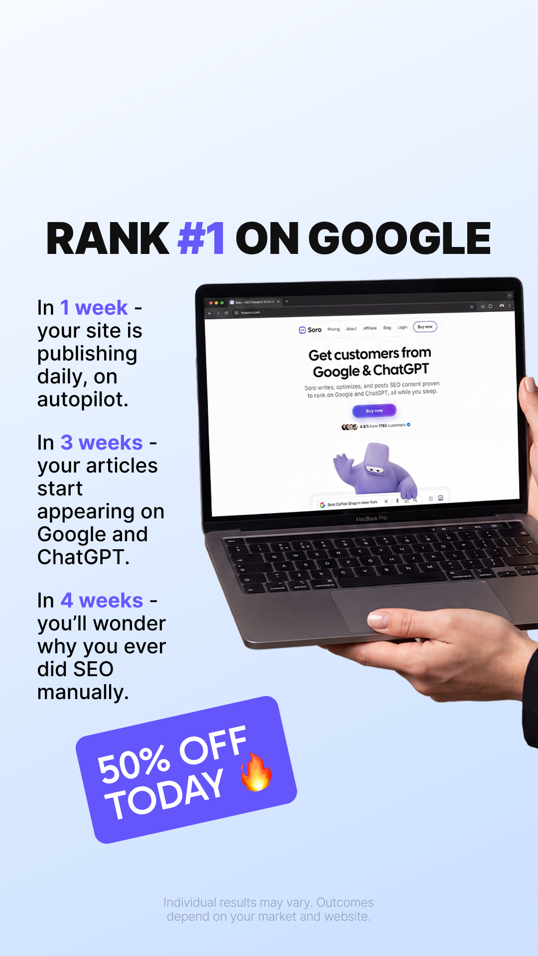 Soro SEO Facebook ad: Rank #1 on Google
