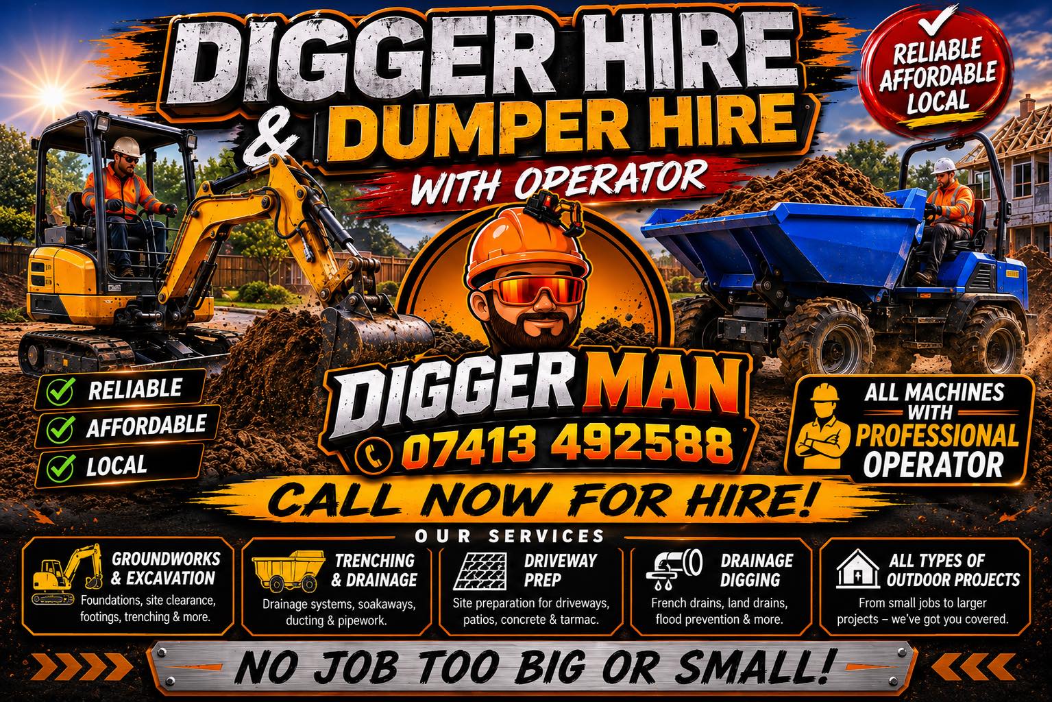 The Digger Man Mini Digger & Operator Hire Facebook ad: THE DIGGER MAN