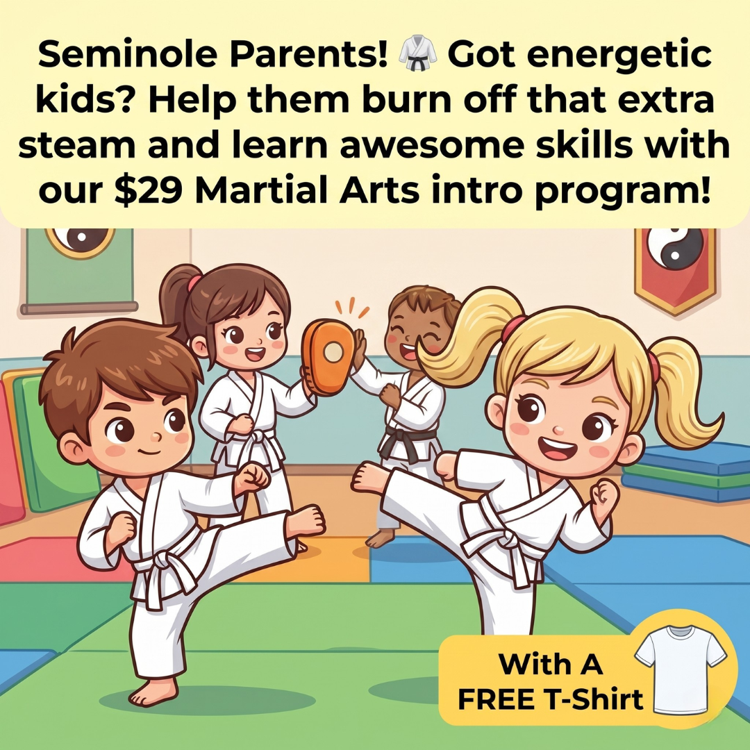 Oh's Taekwondo Martial Arts Facebook ad: Seminole Parents: Burn Off That Extra Energy!