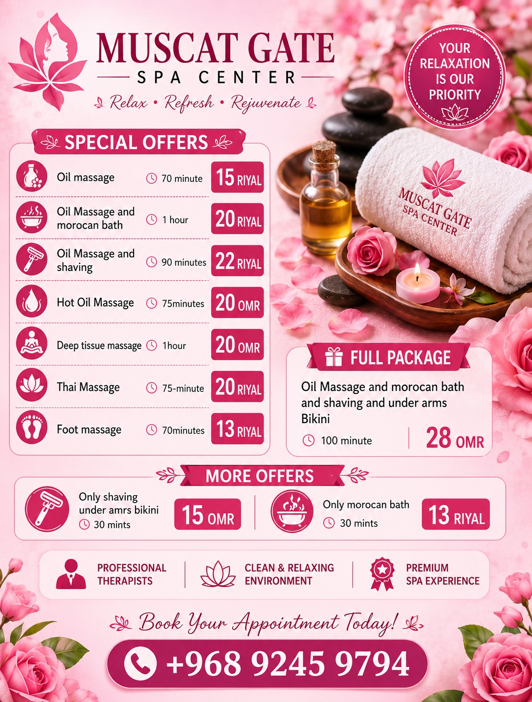 Muscat Gate Spa Center Facebook ad: MUSCAT GATE SPA CENTER, SPECIAL OFFERS