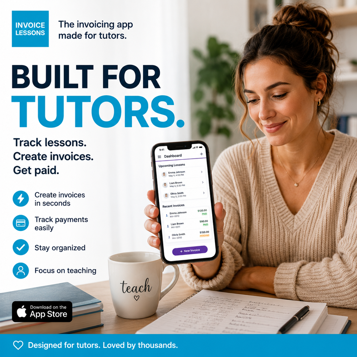 Lessons Invoicing Facebook ad: Invoicing App. Built for tutors.