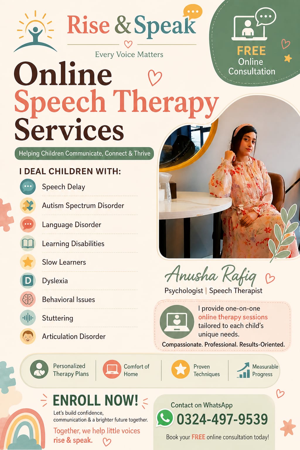Anusha Rafiq-Speech Therapist and Psychologist Facebook ad: Free Consultation! Rise and Speak also offers online…