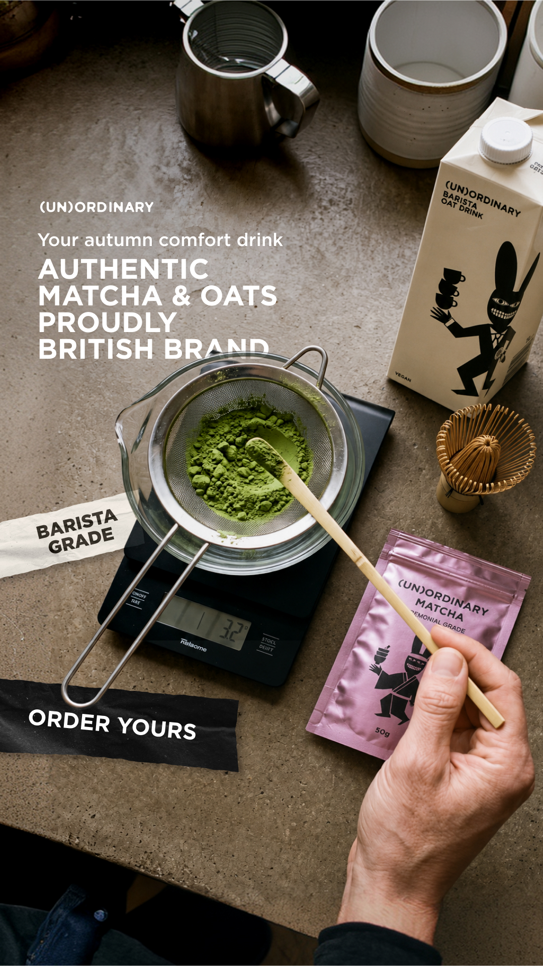 Unordinary oats Facebook ad: Matcha for focus, hojicha for slow mornings. One order…