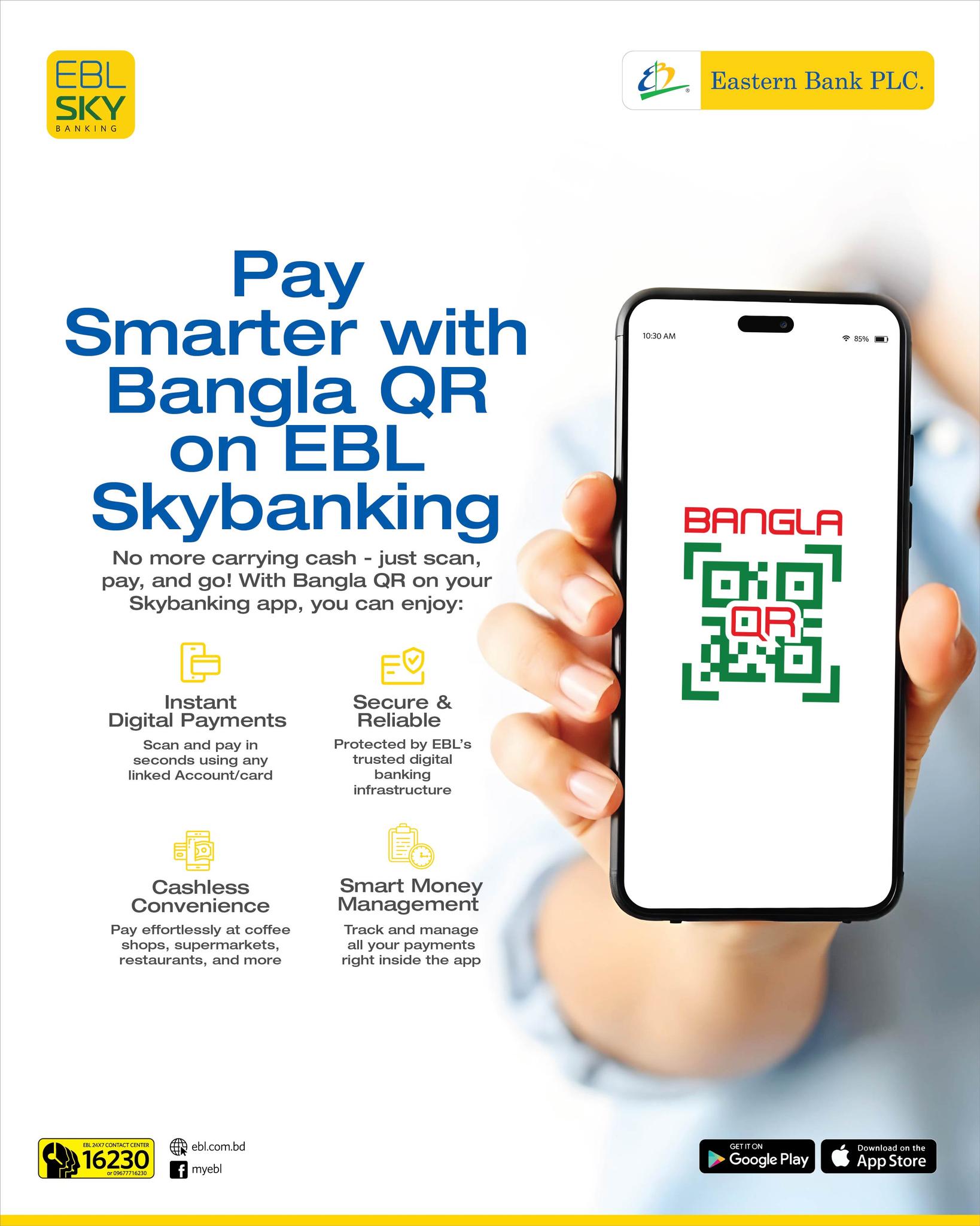 Eastern Bank PLC. Facebook ad: Pay smarter with Bangla QR on EBL Skybanking…
