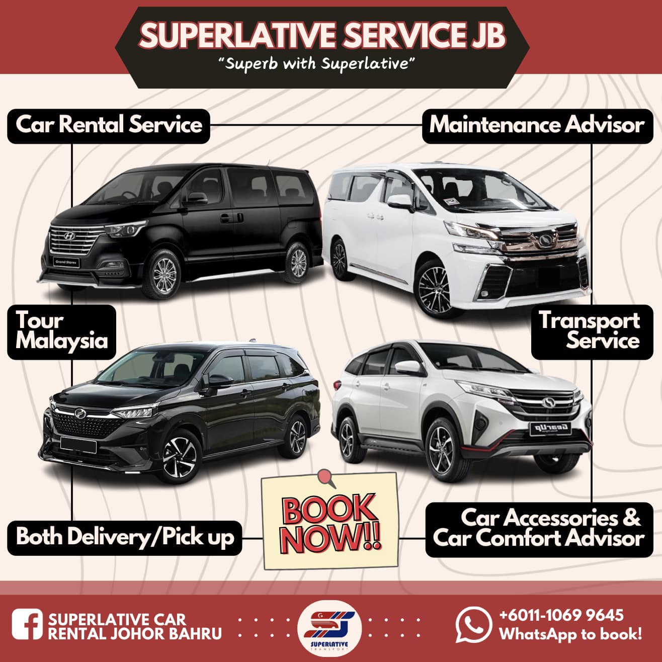 Superlative Car Rental Johor Bahru Facebook ad: 𝐒𝐓𝐀𝐑𝐄𝐗 (𝟏𝟏 𝐒𝐄𝐀𝐓𝐄𝐑) 𝐑𝐌𝟑𝟓𝟎/𝟐𝟒𝐉𝐀𝐌…