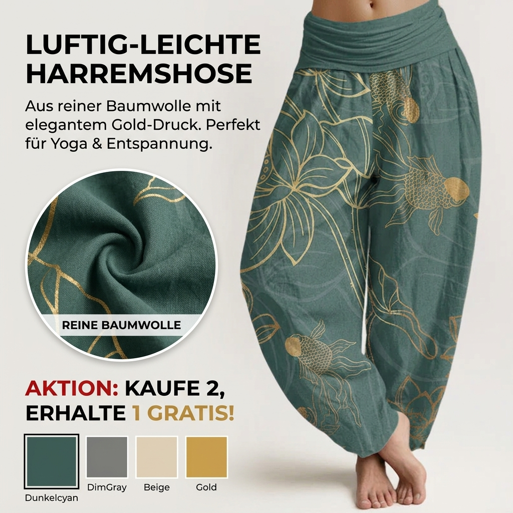Buddha Stones-Deutsch Facebook ad: Lotus & Koi Print Hose, einzigartig, fließend & stilvoll