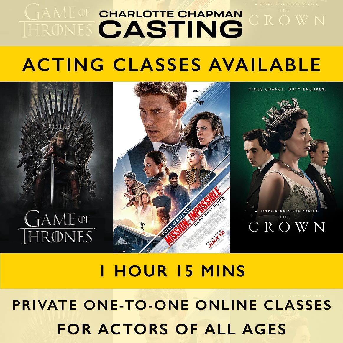 charchapman_casting Facebook ad: I’m offering 1 HOUR 15 MIN one-to-one classes…