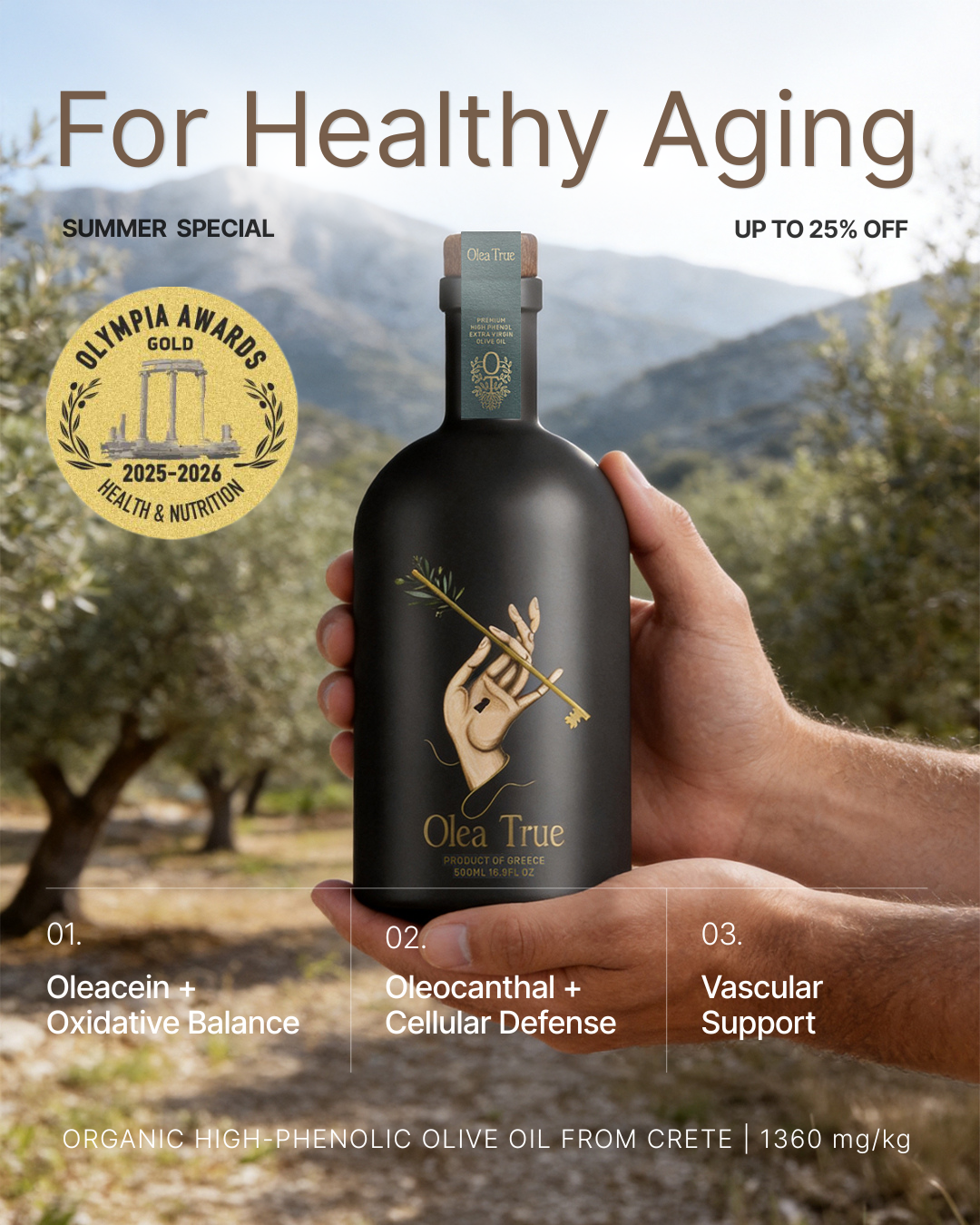 Olea True Facebook ad: Beyond Extra Virgin. Measured.