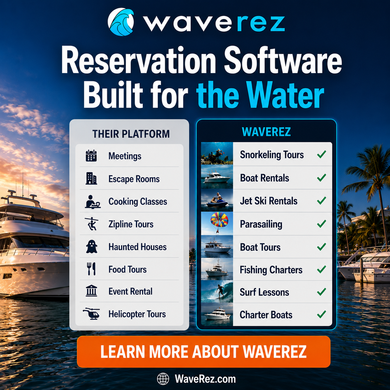 WaveRez Facebook ad: Reservation Software Built for the Water