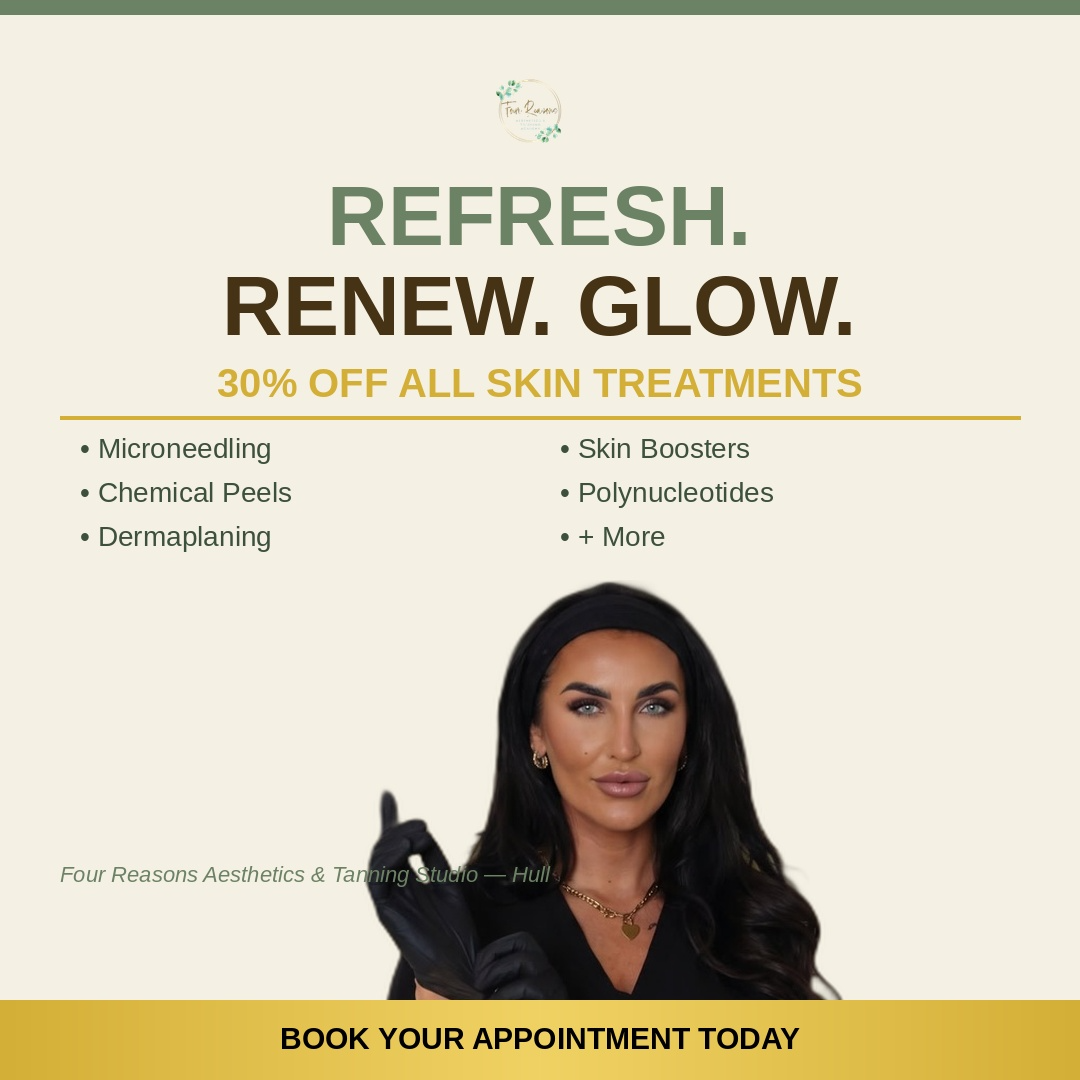 Four Reasons Aesthetics Facebook ad: Save 30% On Lip Filler & More