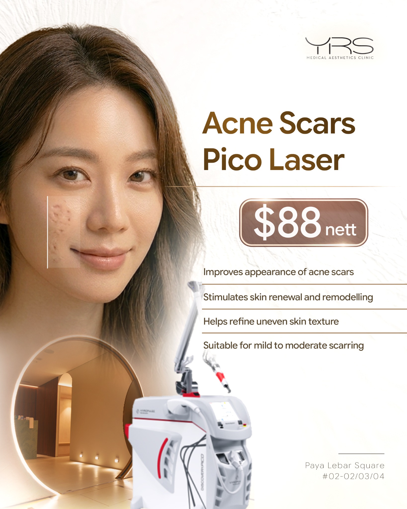 YRS Medical Aesthetics Clinic Facebook ad: YRS Acne Scars Pico Laser | $88 nett