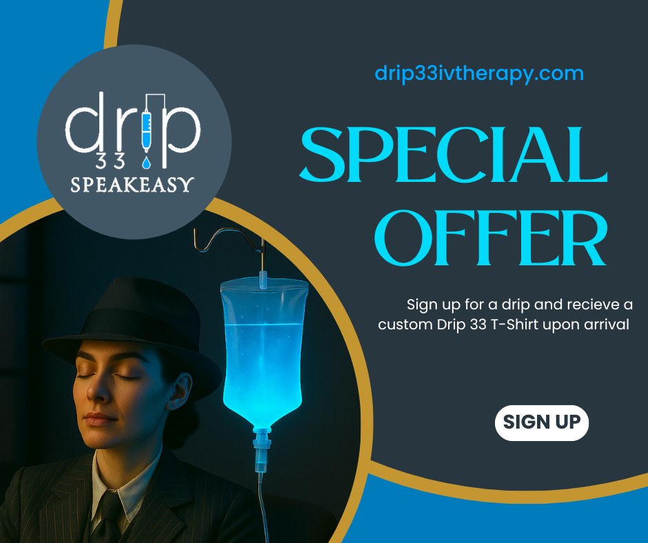 Drip 33 Speakeasy IV vitamin infusion bar Facebook ad: IV Therapy Drip Bar St. Charles, MO | Drip 33 IV Therapy
