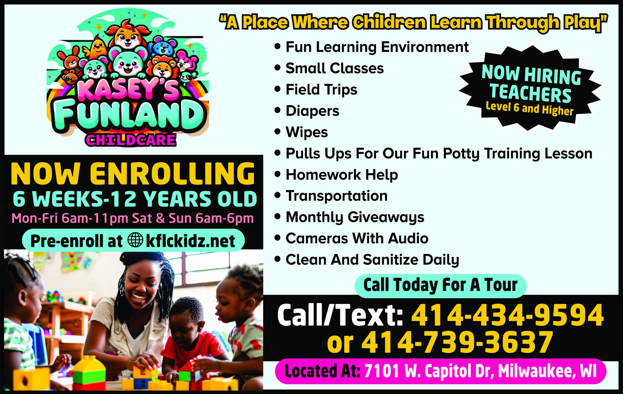 Kasey's Fun-Land Childcare Facebook ad: Enroll today Seats Fill fast.