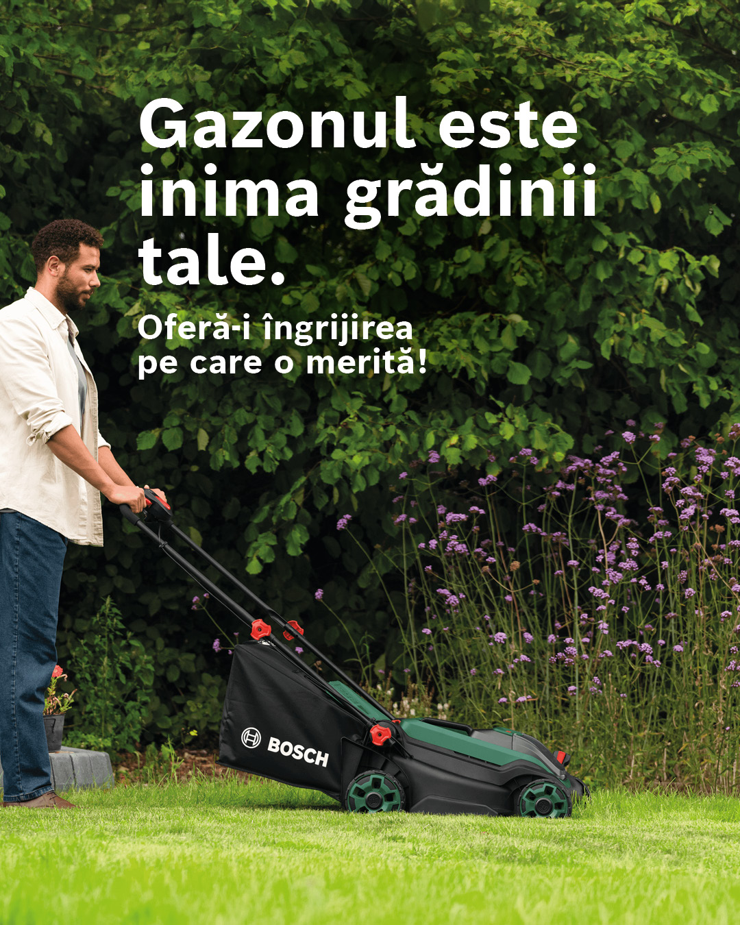 Bosch DIY and Garden Facebook ad: O grădină frumoasă începe cu un gazon bine…