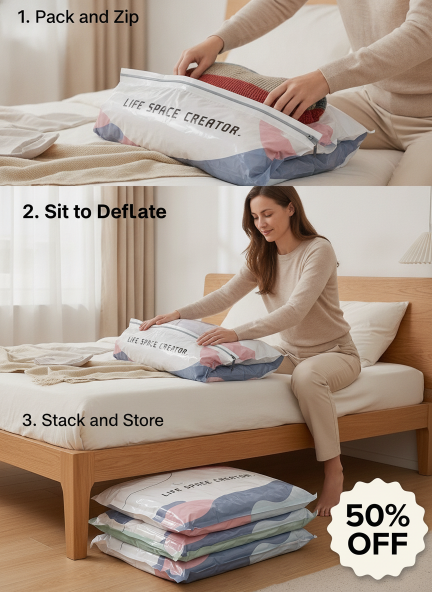 Rowgins3 Facebook ad: No-Pump Vacuum Storage Compression Bags
