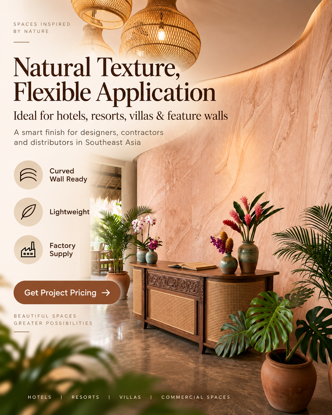 KSTHospitality Wall Materials Specialist Facebook ad: Flexible Stone for Curved & Custom Walls