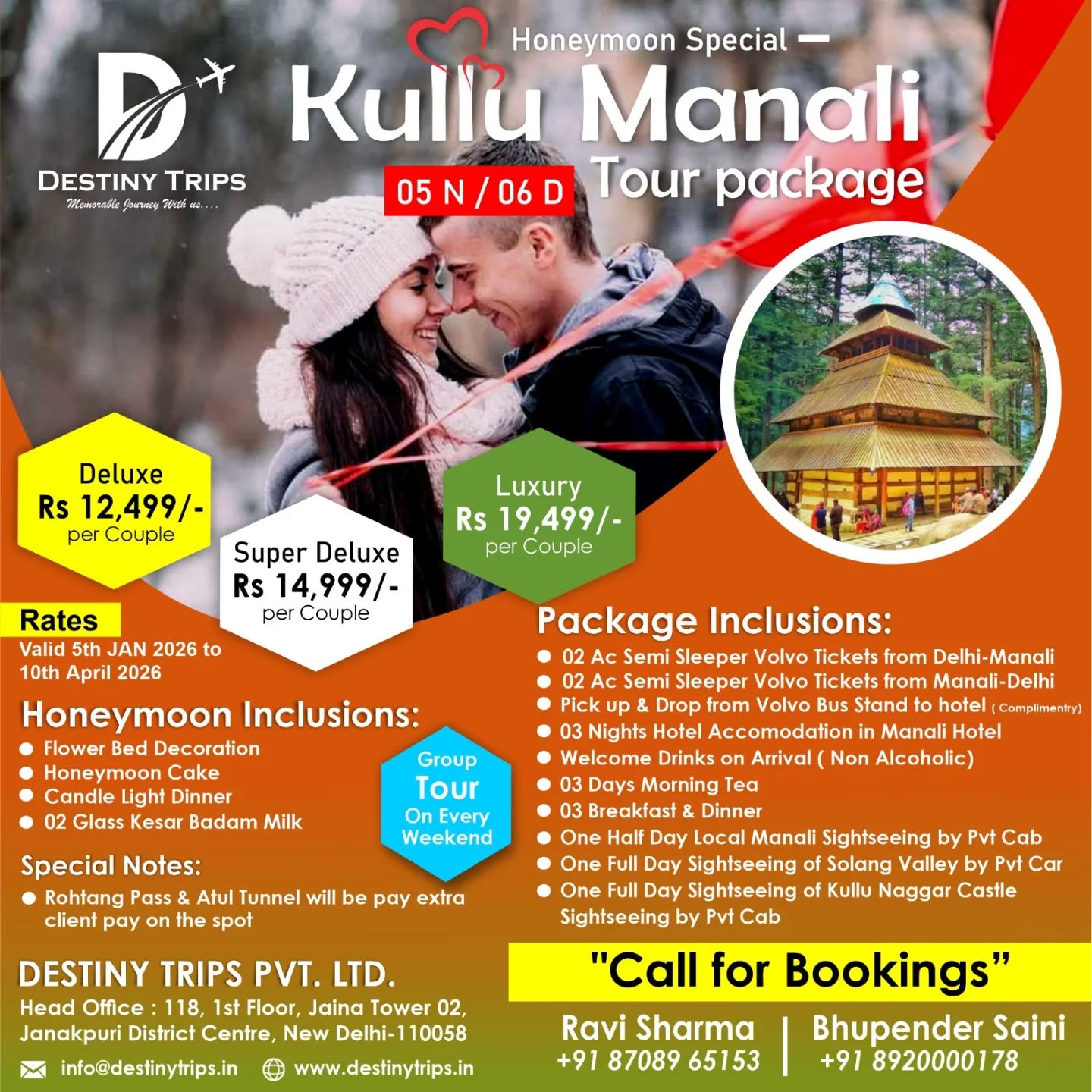 Destiny Trips Pvt. Ltd Facebook ad: Honeymoon Special 5 Nights / 6 Days Kullu-Manali…