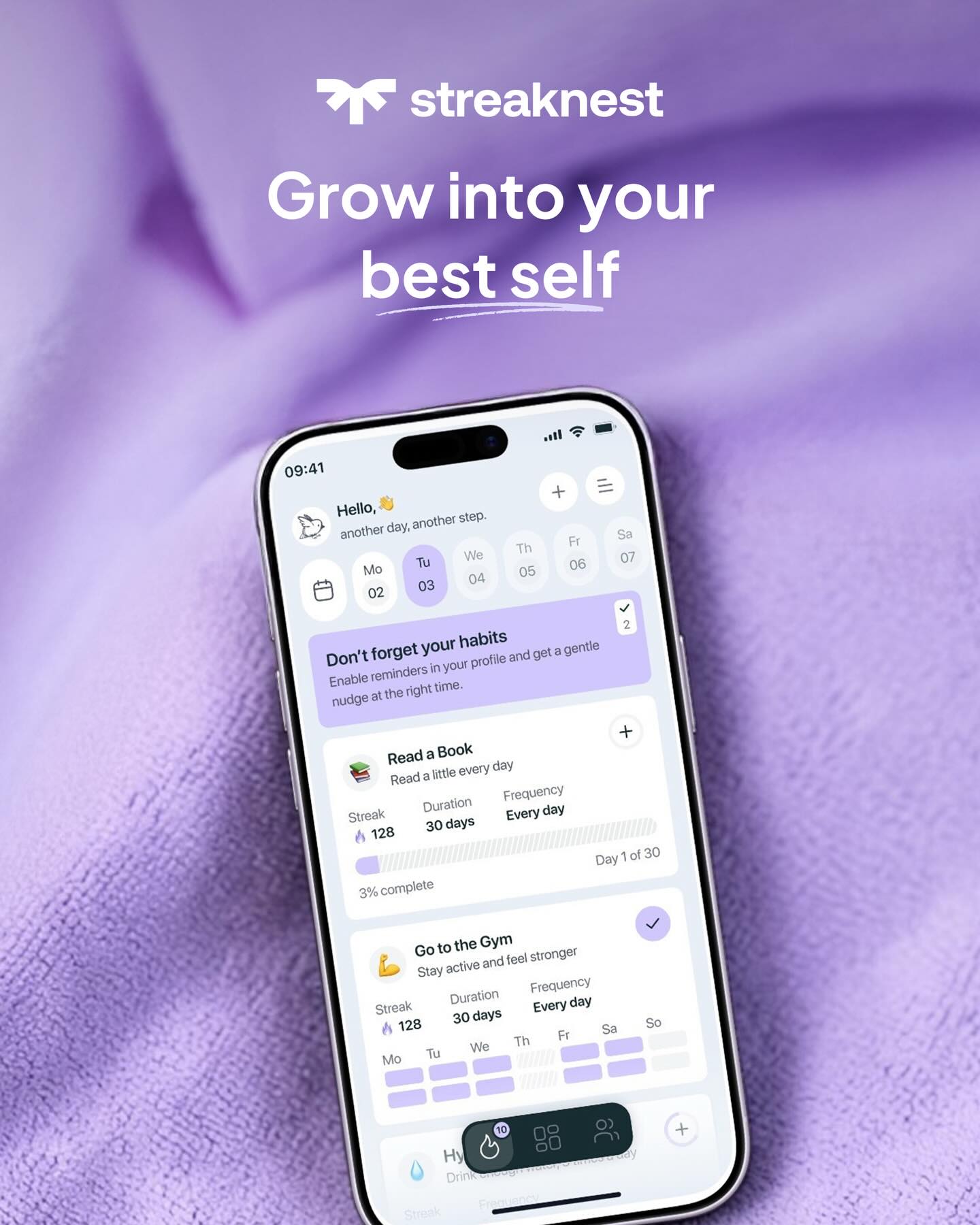Streaknest Facebook ad: Set goals, track progress, and turn small steps…