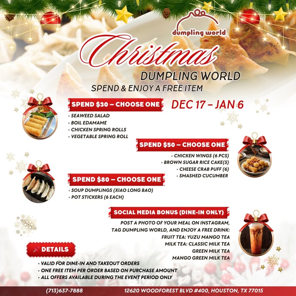 Asian dumpling yard Facebook ad: Christmas Specials at Dumpling World