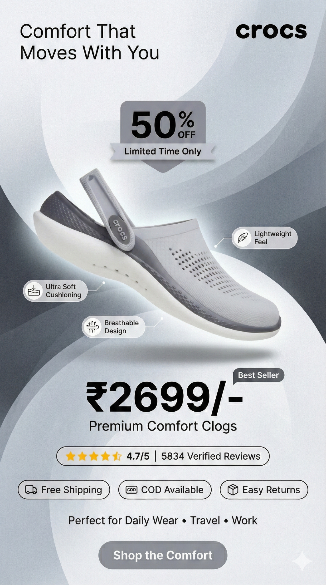 Cloudshoes Facebook ad: 2699/- Only Comfort That Moves With You