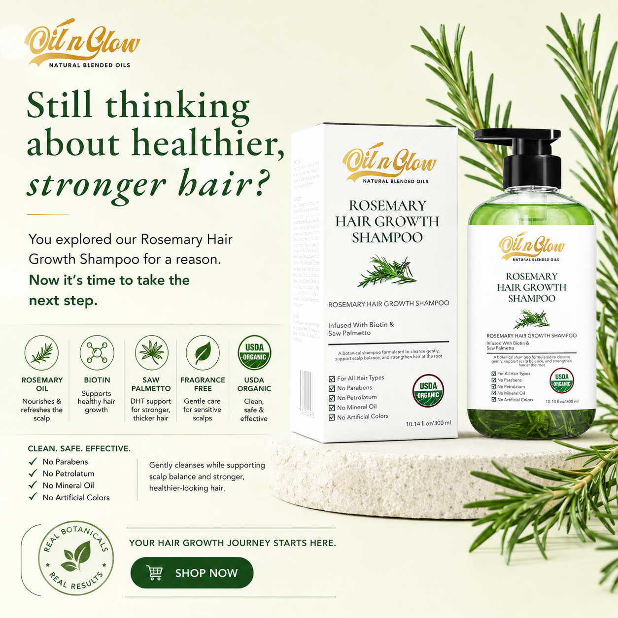 OilnGlow Facebook ad: Real Ingredients. Real Results
