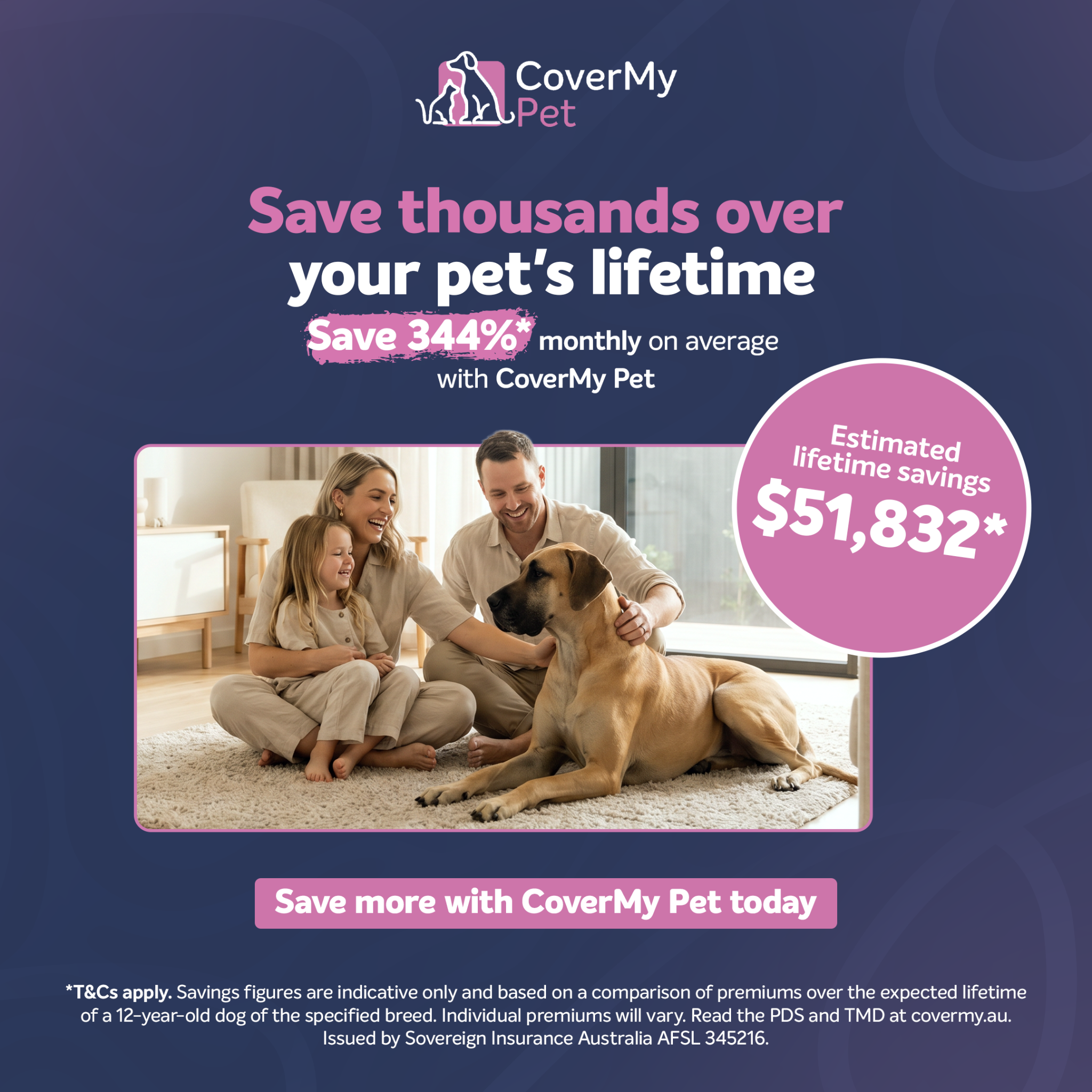 CoverMy Pet Australia Facebook ad: Save more over your pup's lifetime