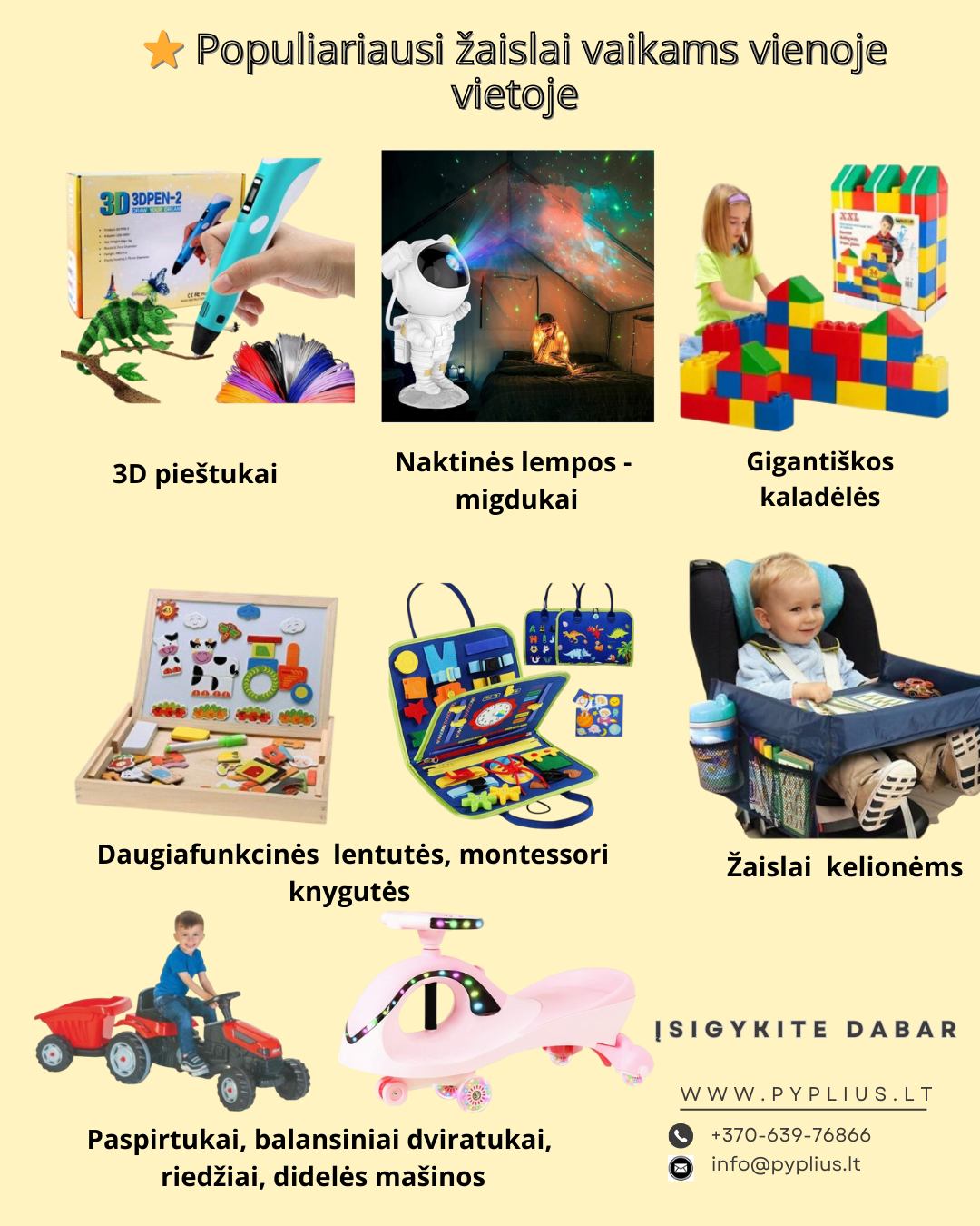 Ivairios vaikiskos prekes Facebook ad: Kokybiški žaislai vaikams, džiaugsmas kiekvieną dieną!