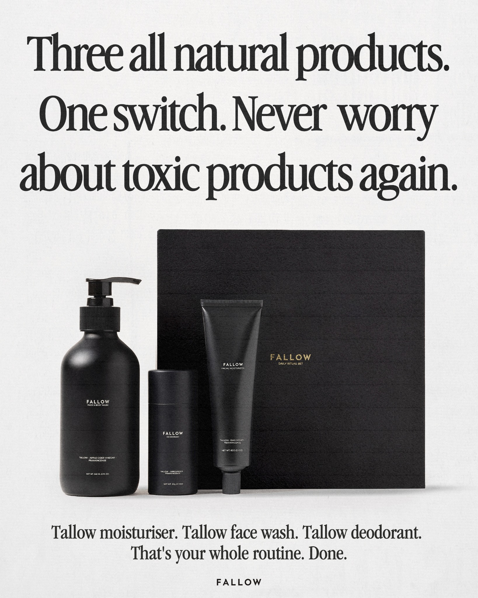Fallow Skin Facebook ad: One set replaces everything