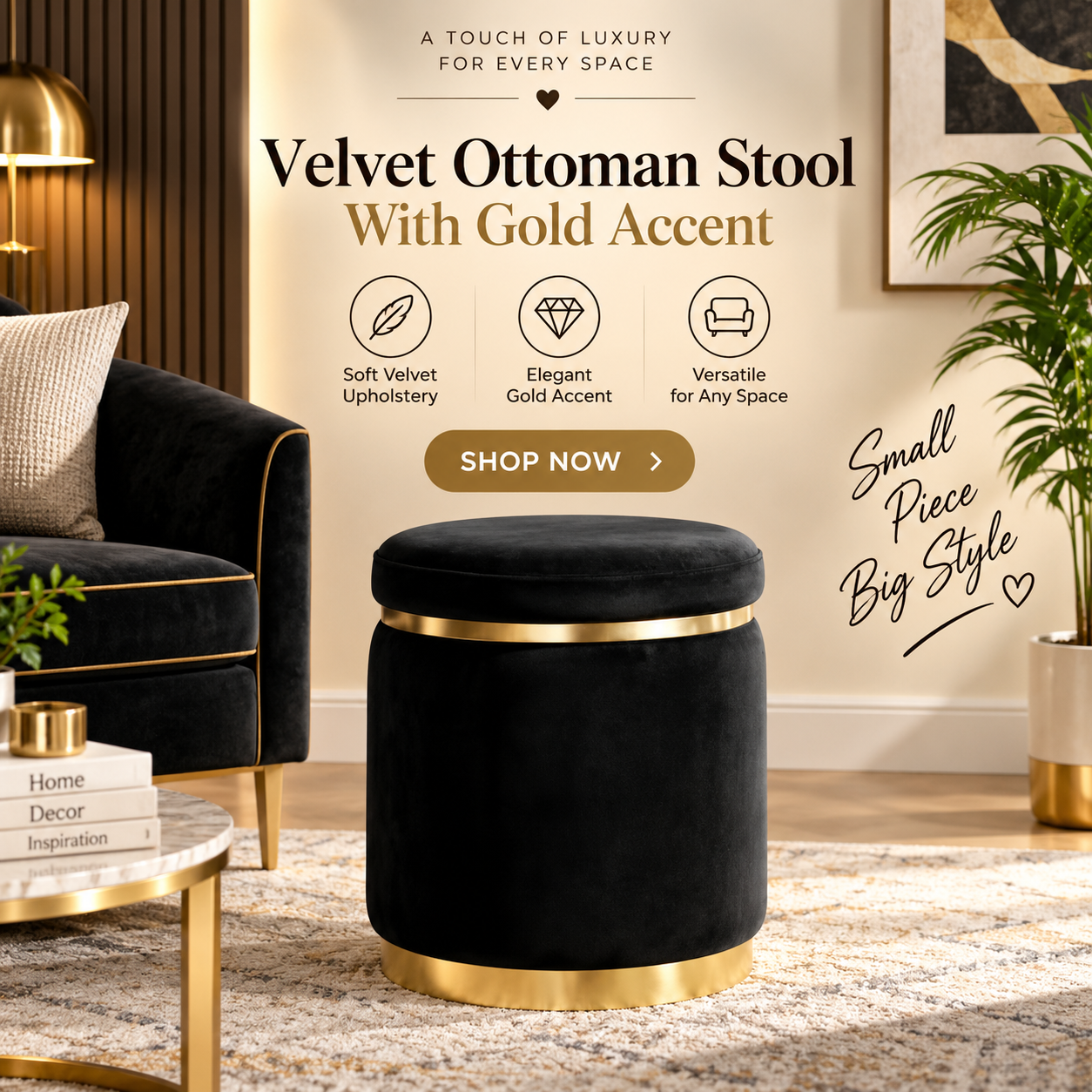 Viapradhan Facebook ad: Buy Velvet Ottoman Stool With Gold Accent Now!