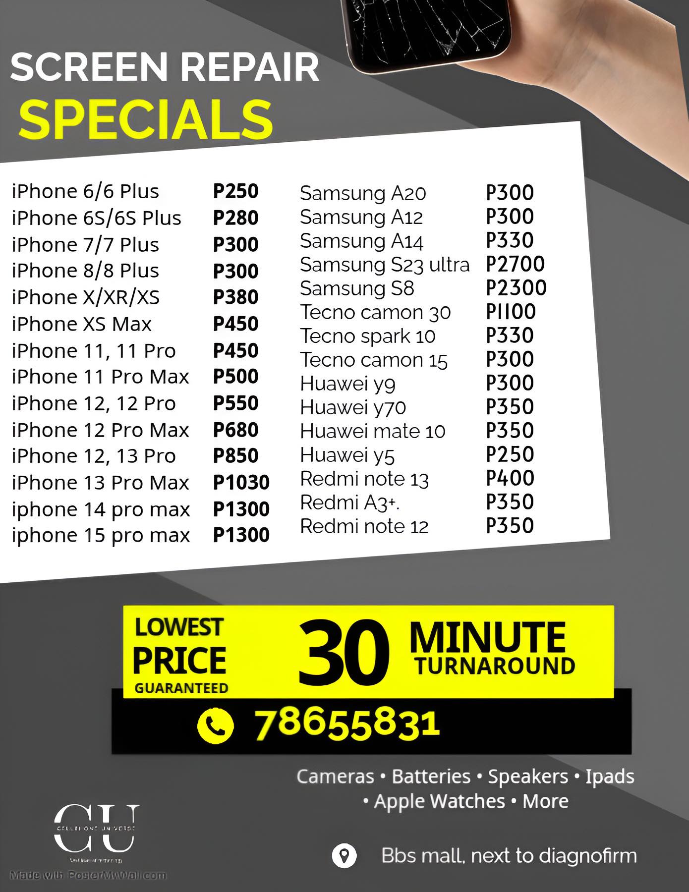 Cellphone Universe Facebook ad: Special: Screen Replacements at Discounted Rates!