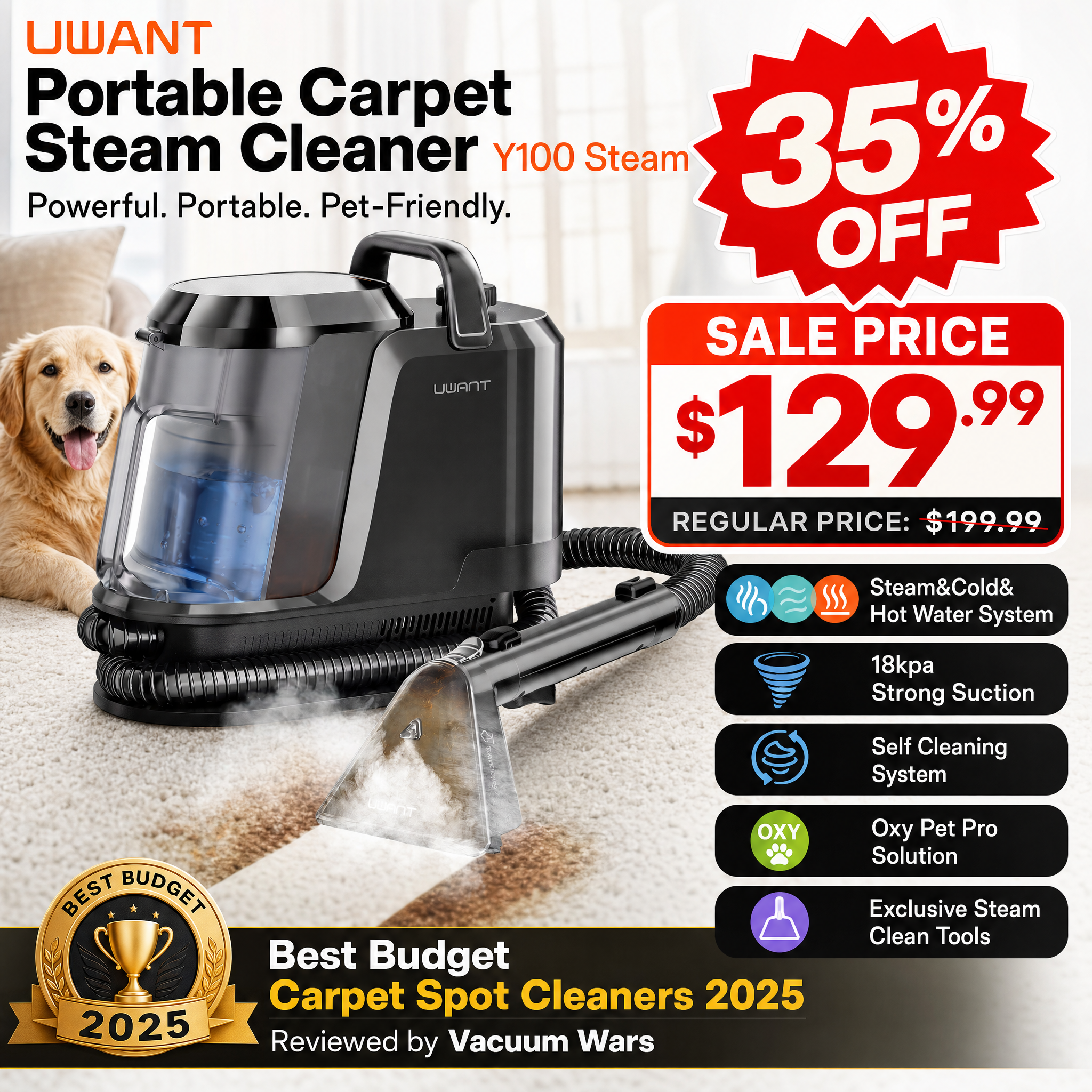 UWANT Facebook ad: Powerful 212℉ Steam, Zero Damage
