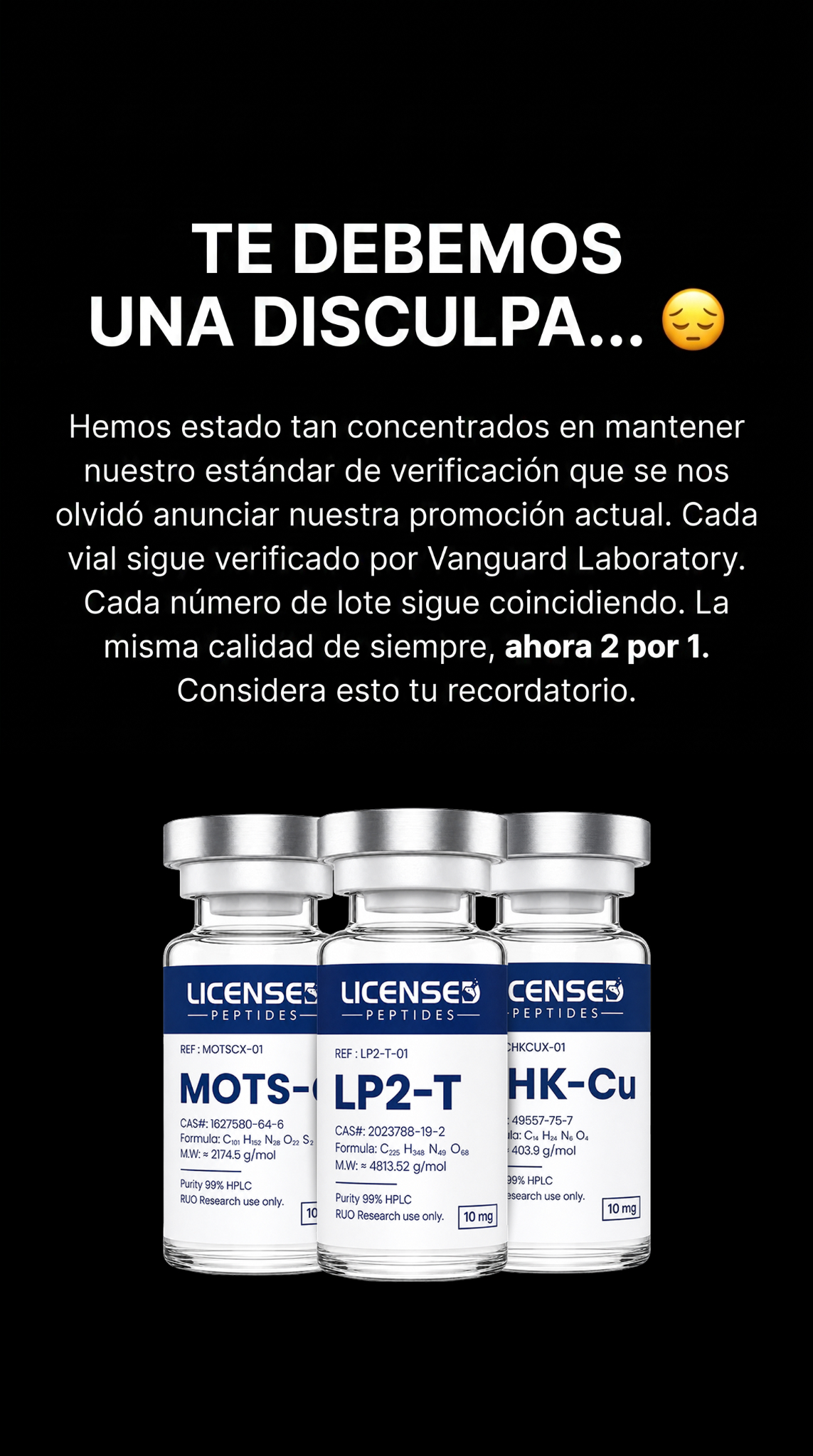 Licensedpeptides.com Facebook ad: OFERTA 2 POR 1, POR TIEMPO LIMITADO
