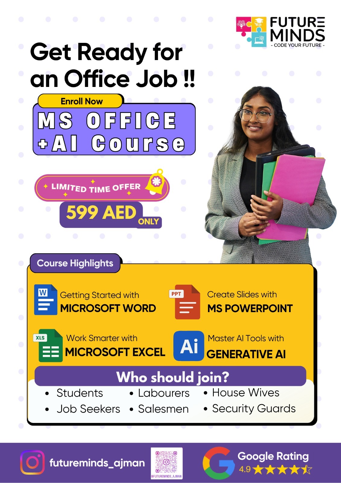 Future Minds Education, Ajman Facebook ad: MS OFFICE COMPUTER COURSE