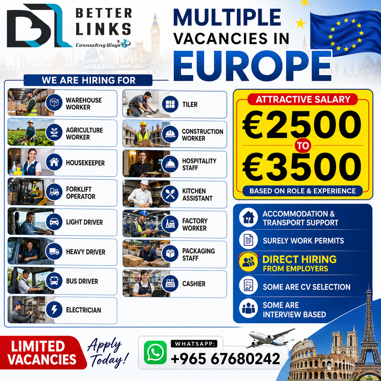 Better Links Kuwait Facebook ad: Multiple Vacancies in Europe, Direct Hiring from Employers