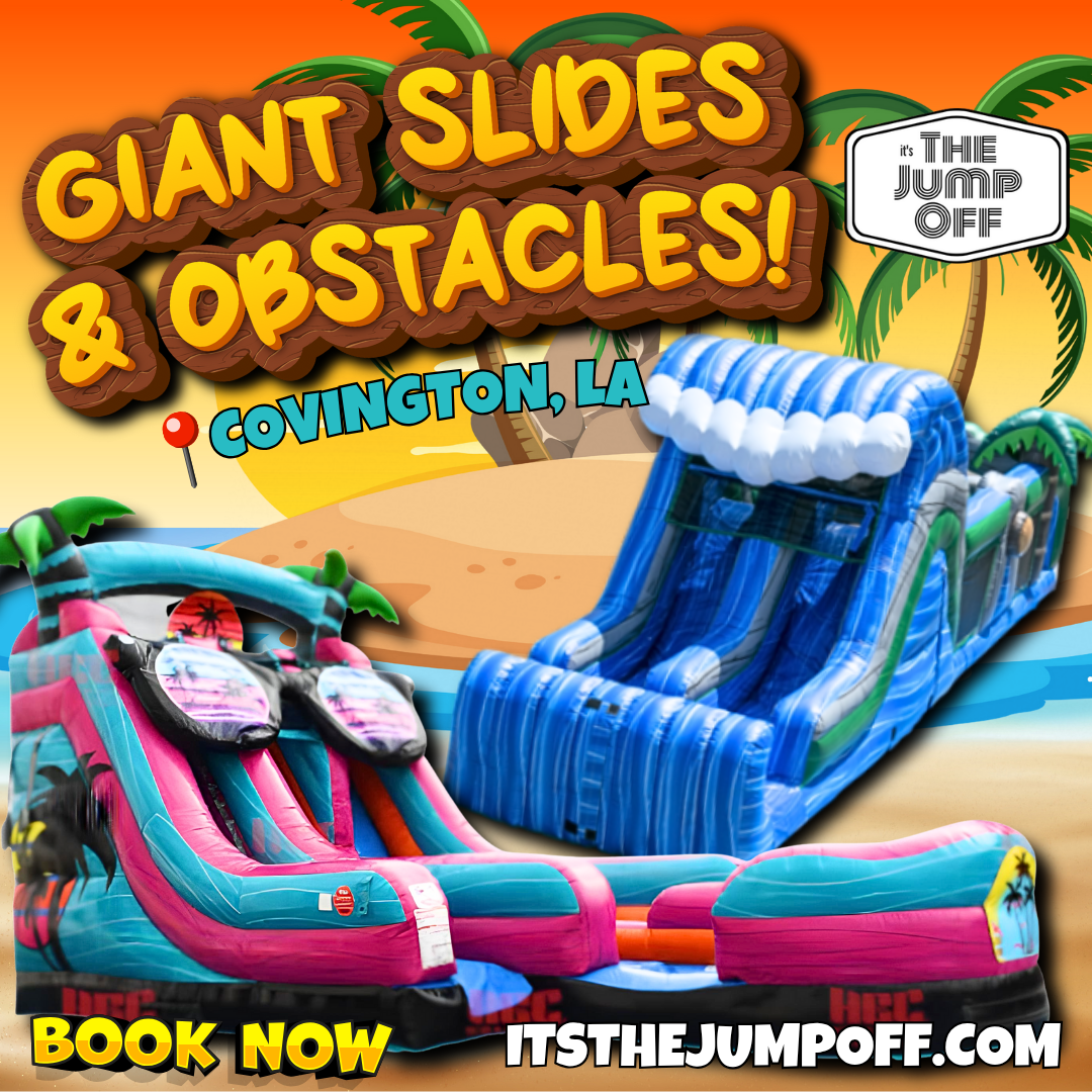 The Jump Off Facebook ad: Giant Slides & Obstacles, Book in Covington, LA!