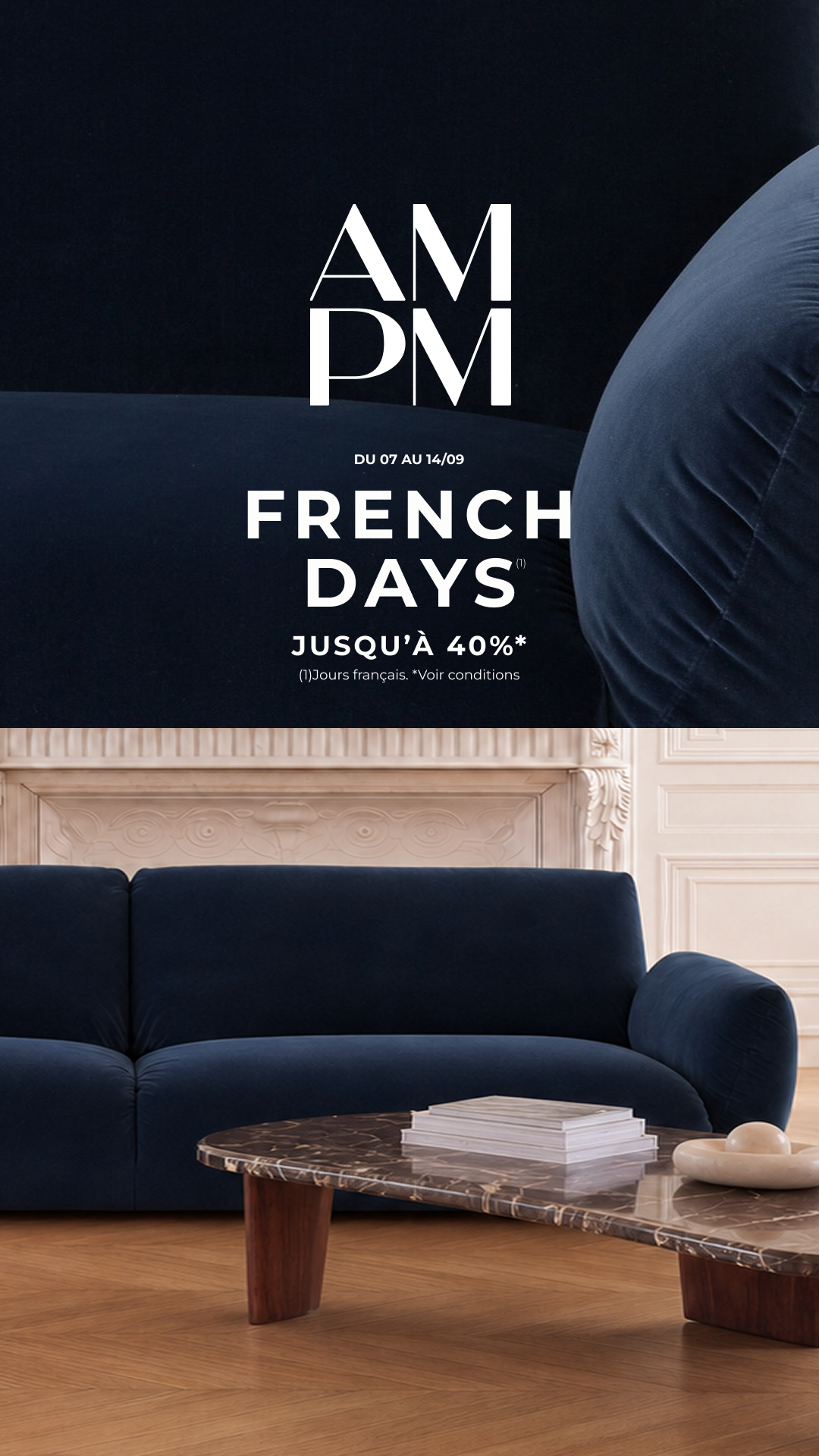 AM.PM. Facebook ad: French Days: jusqu'à -40%* sur une sélection d'articles
