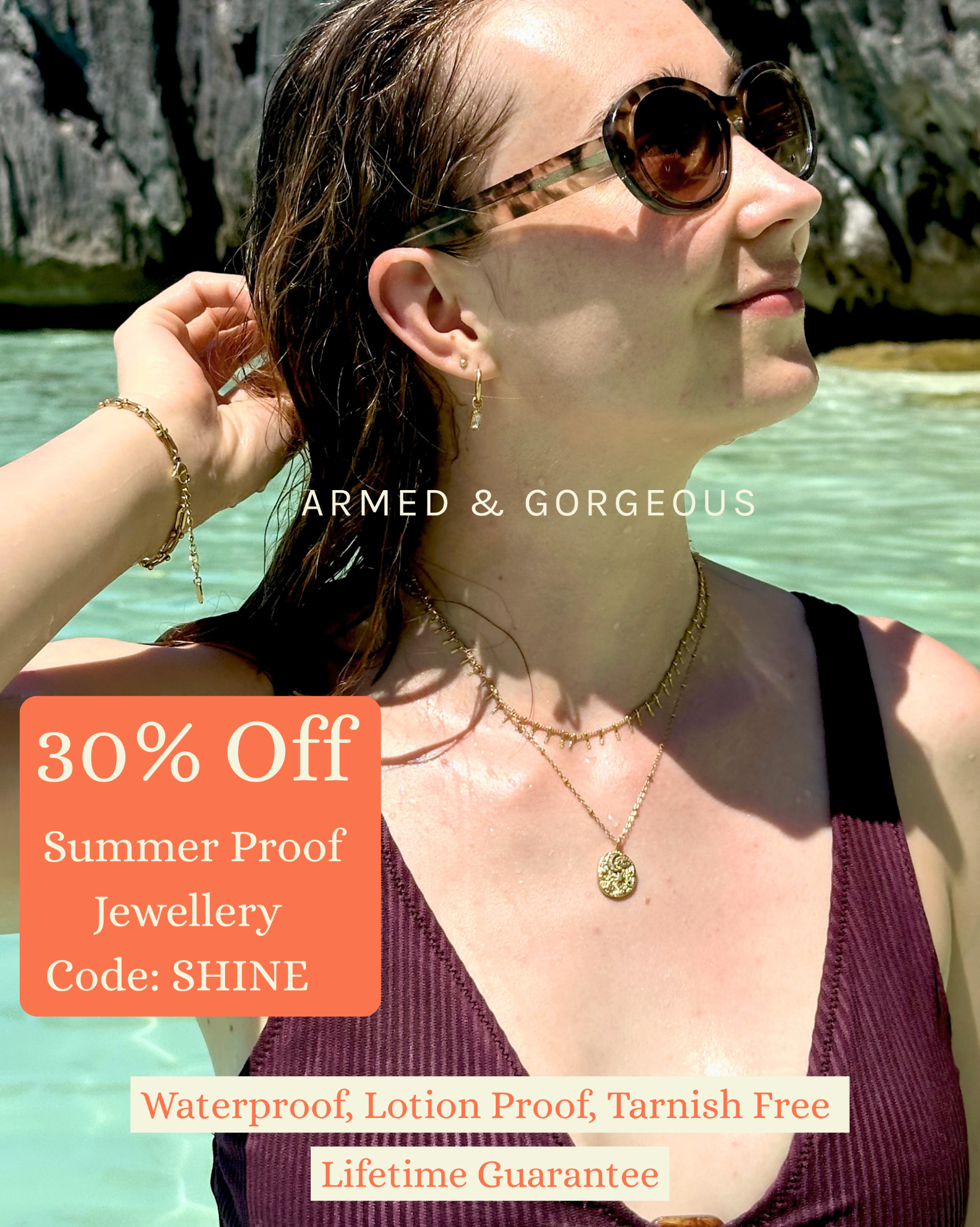 Armed and Gorgeous Facebook ad: 30% Off Waterproof Jewellery
