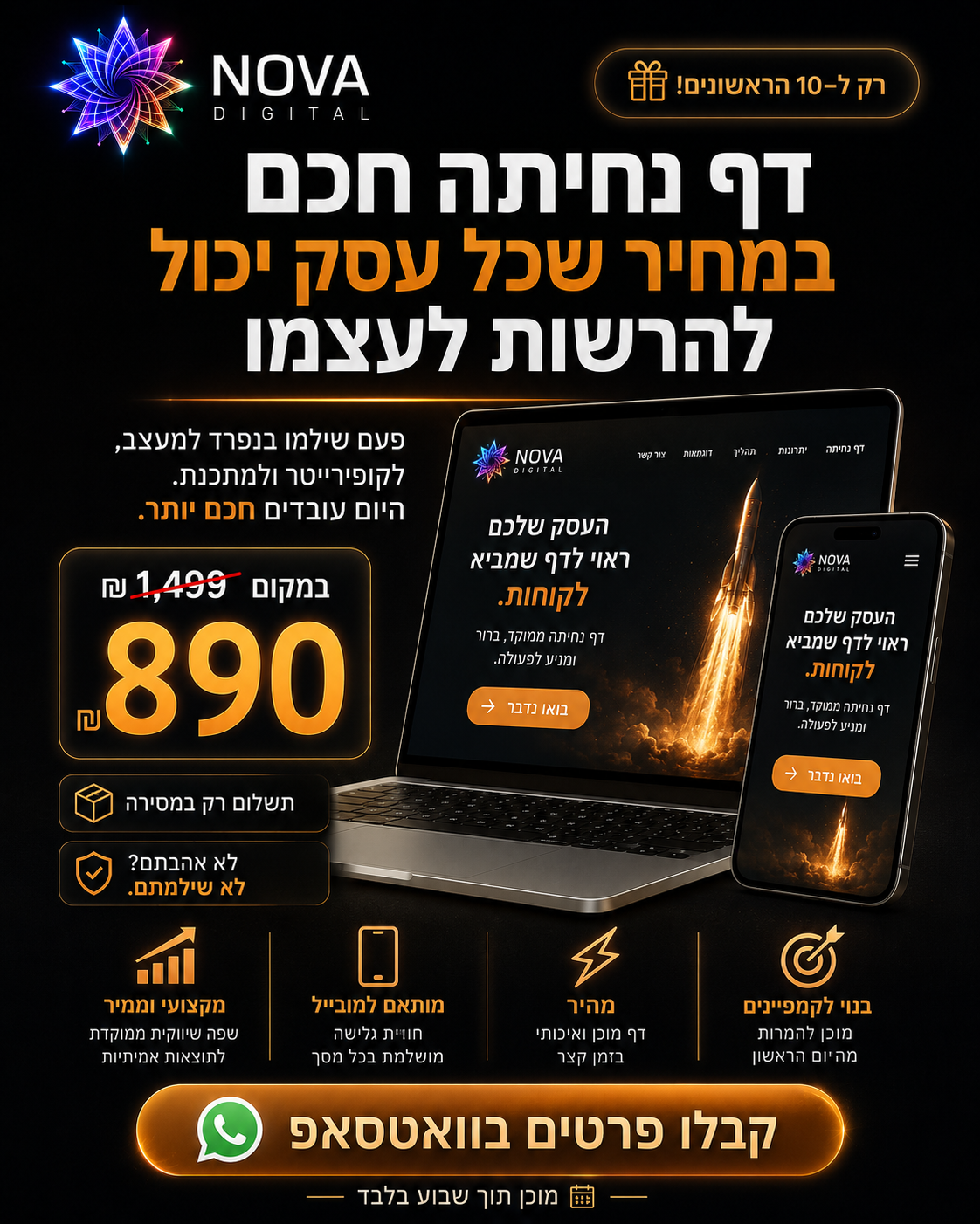 Nova Digital Facebook ad: דף נחיתה ב-890 ₪ · רק ל-10 הראשונים