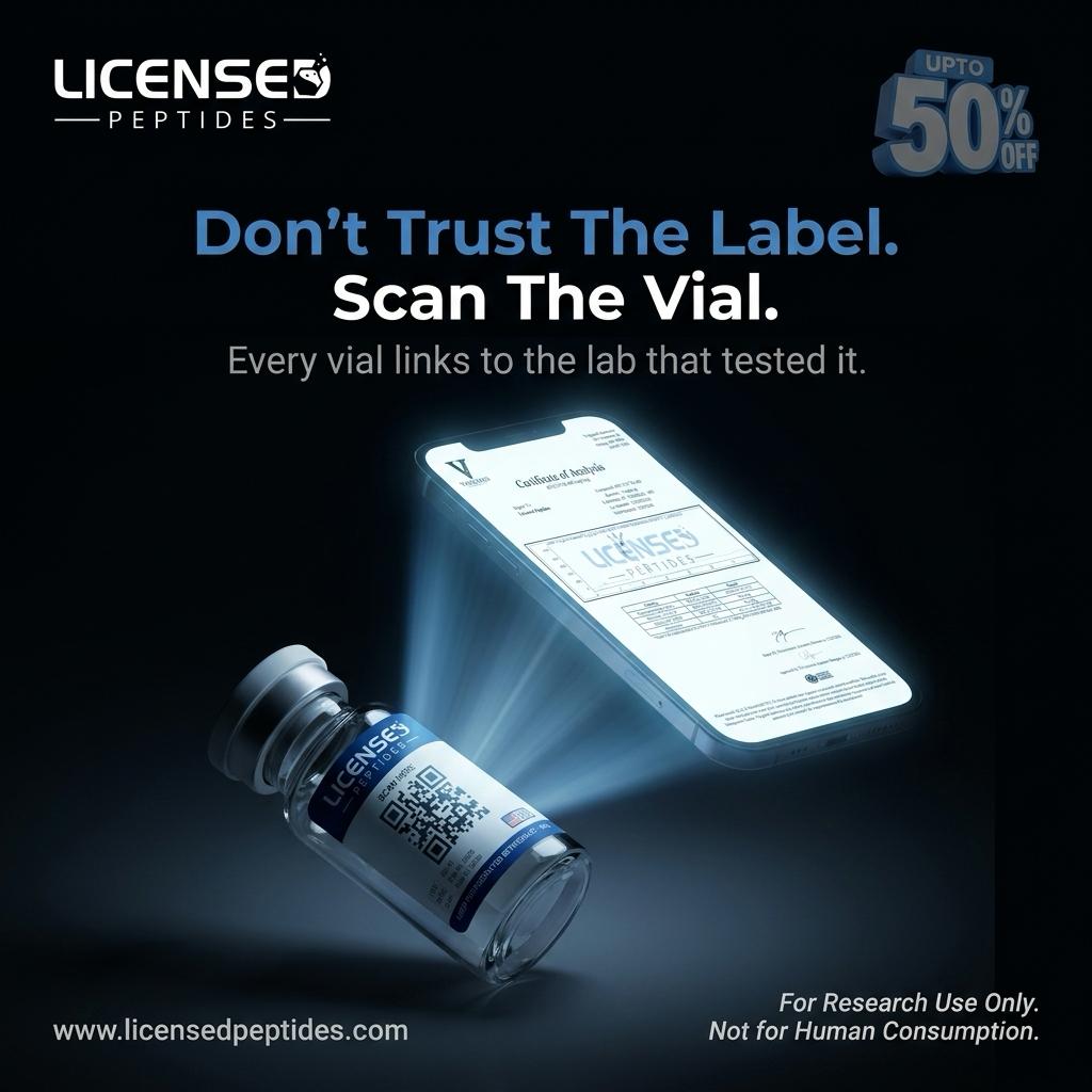 LicensedPeptides.com Facebook ad: Every Batch. 6X Tested. Publicly Verified.