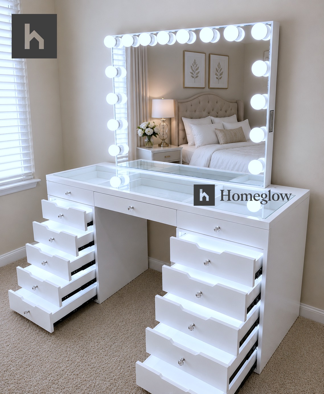 Homeglow Facebook ad: The OG Hollywood Style 13-Drawer Vanity Unit