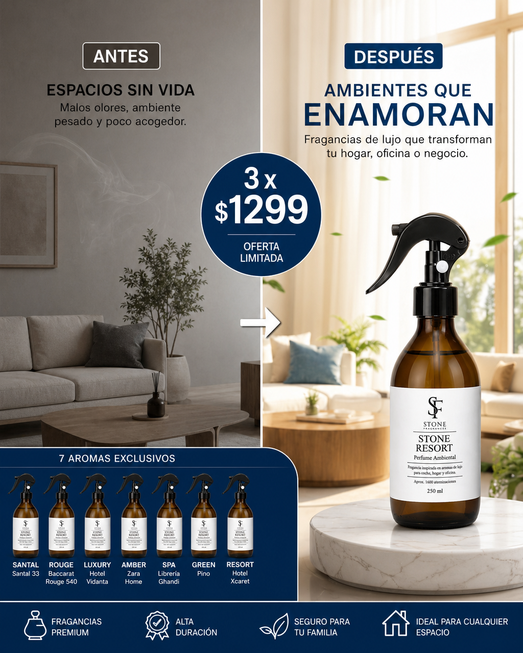 Stone Fragrances México Facebook ad: Llévate 3 perfumes ambientales por $1,299