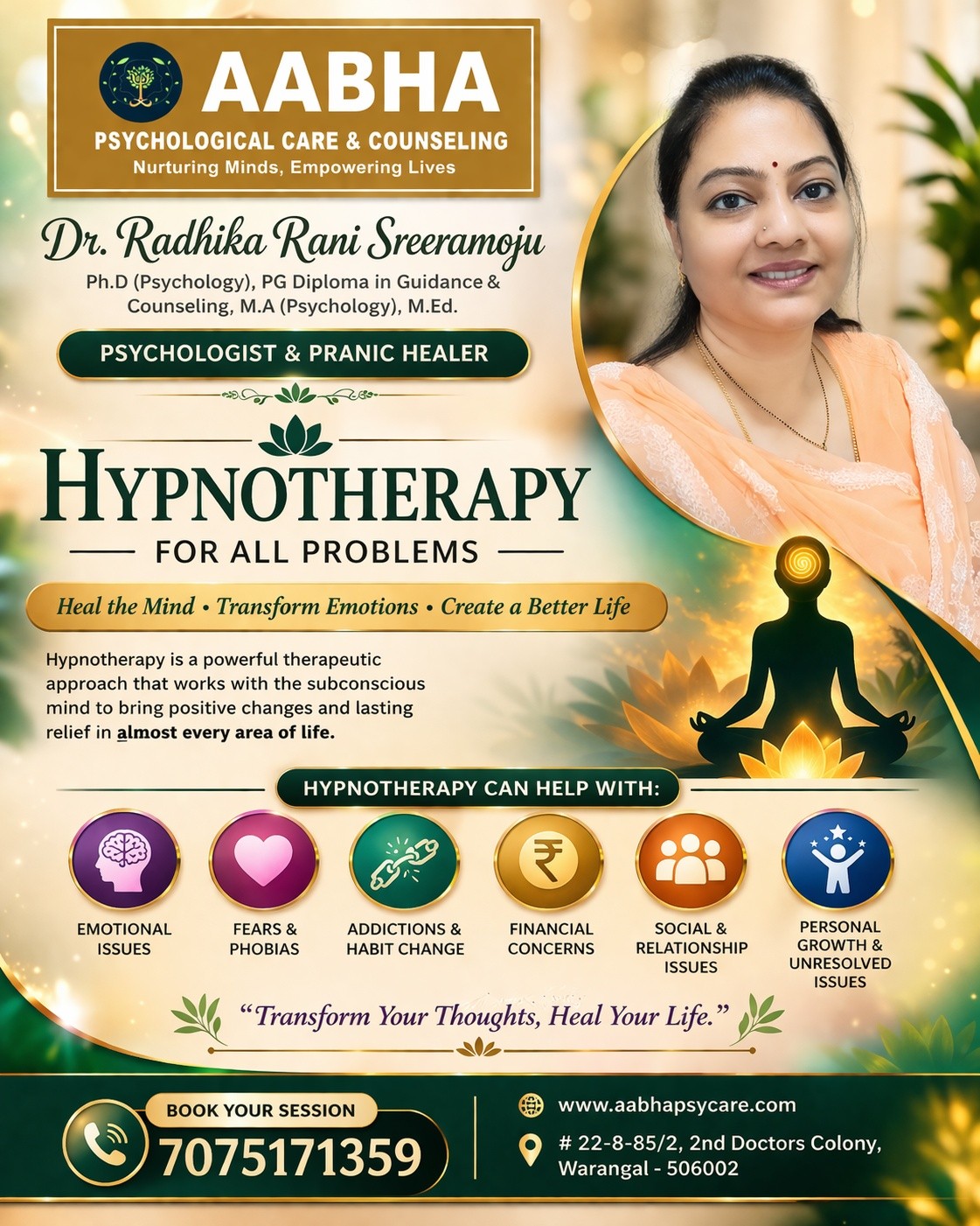 Aabha Psychological care and Counselling Facebook ad: Hypnotherapy is a powerful, evidence-informed approach…