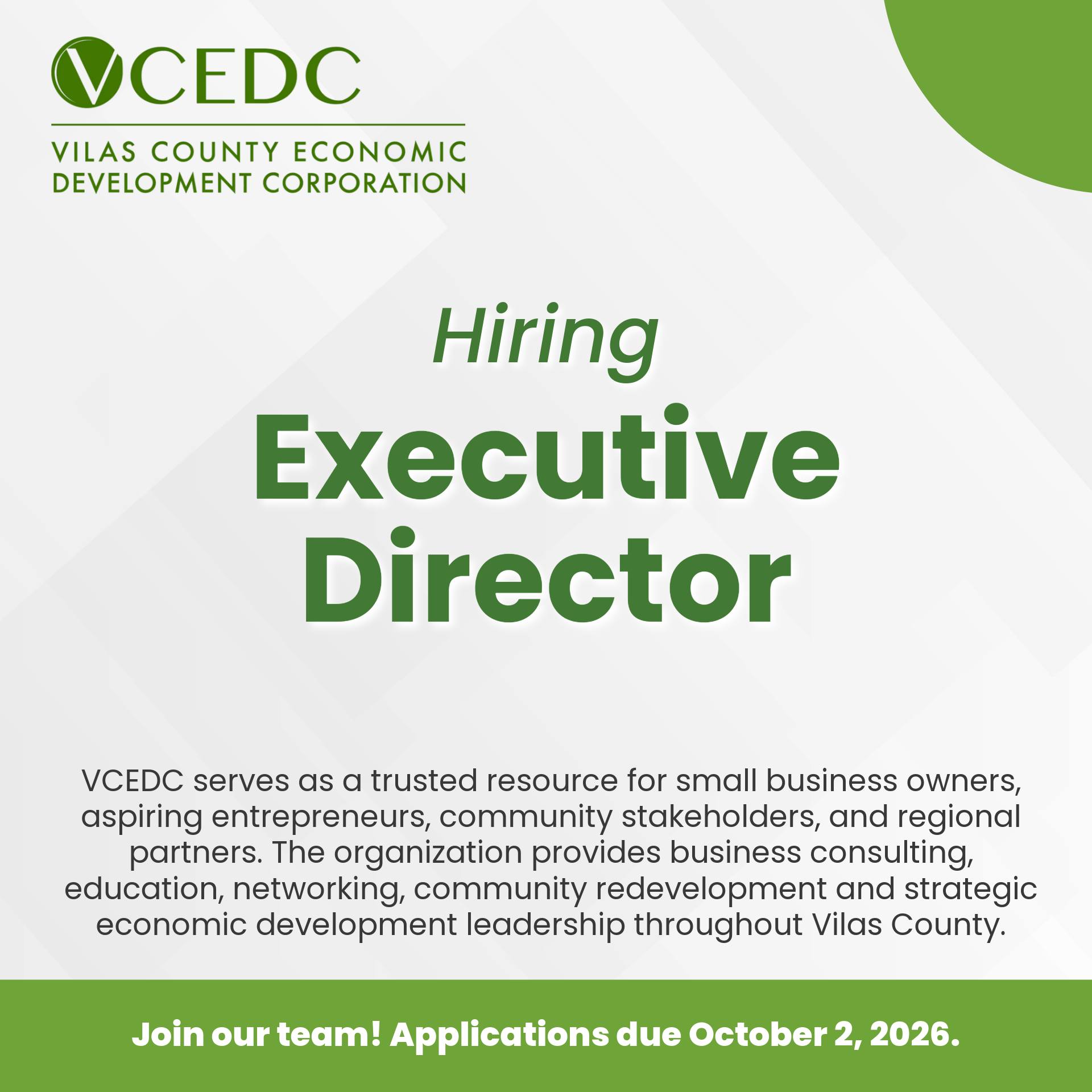 Vilas County Economic Development Corporation Facebook ad: Executive Director Job Opening - VCEDC