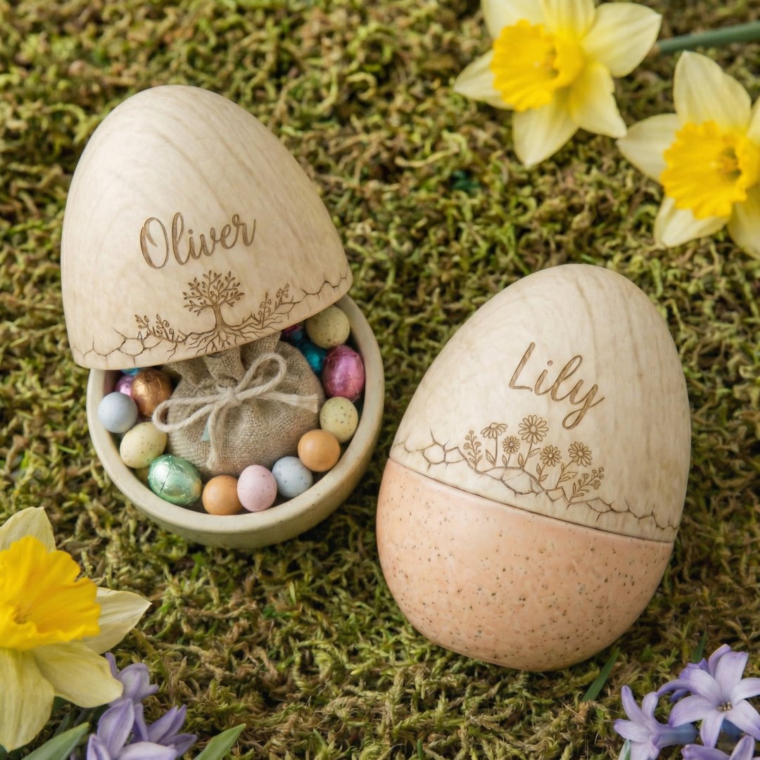 Joymemento Facebook ad: Personalized Engraved Large Wooden Easter Egg with Custom…