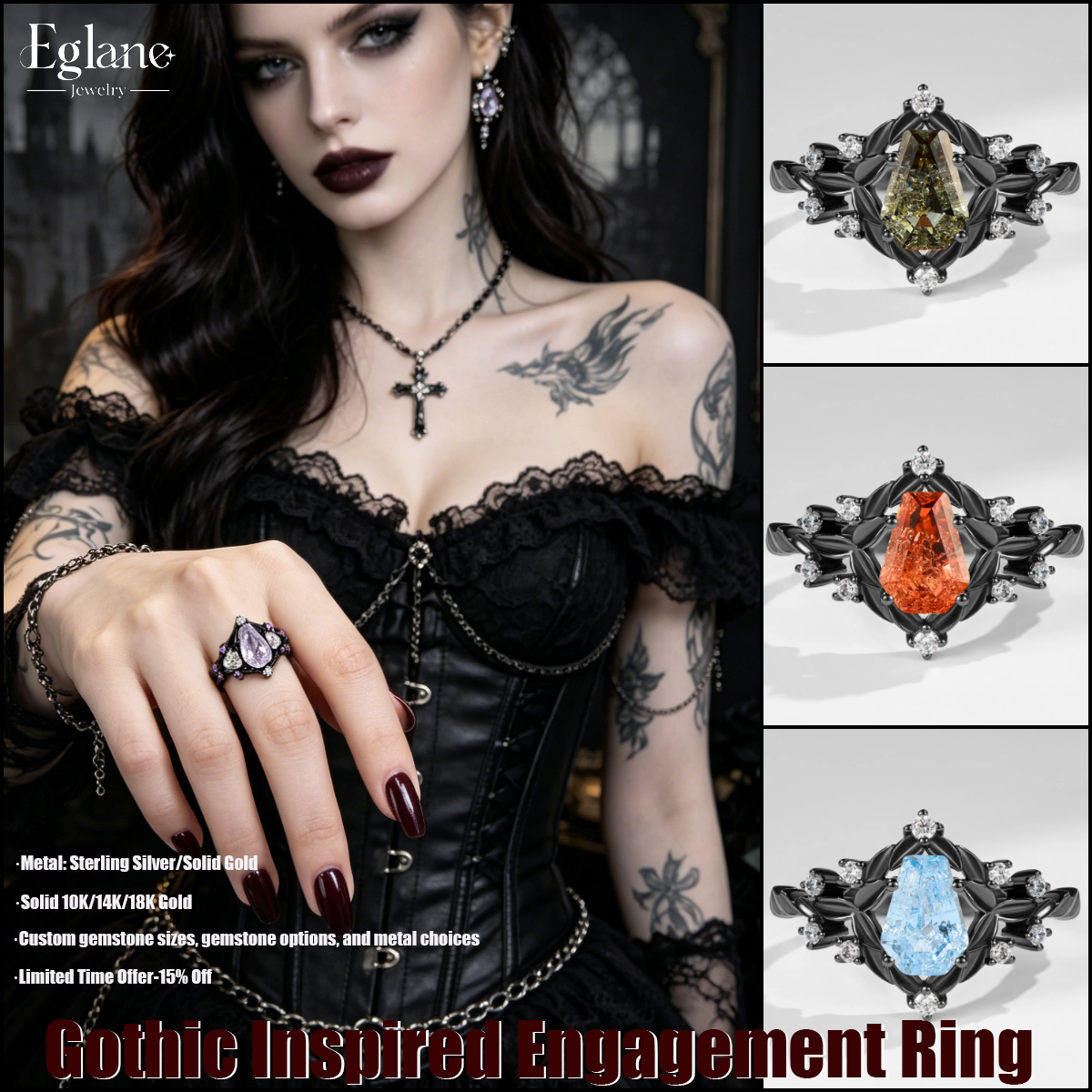Eglanejewelry Facebook ad: Vintage Gothic Inspired Engagement Rings
