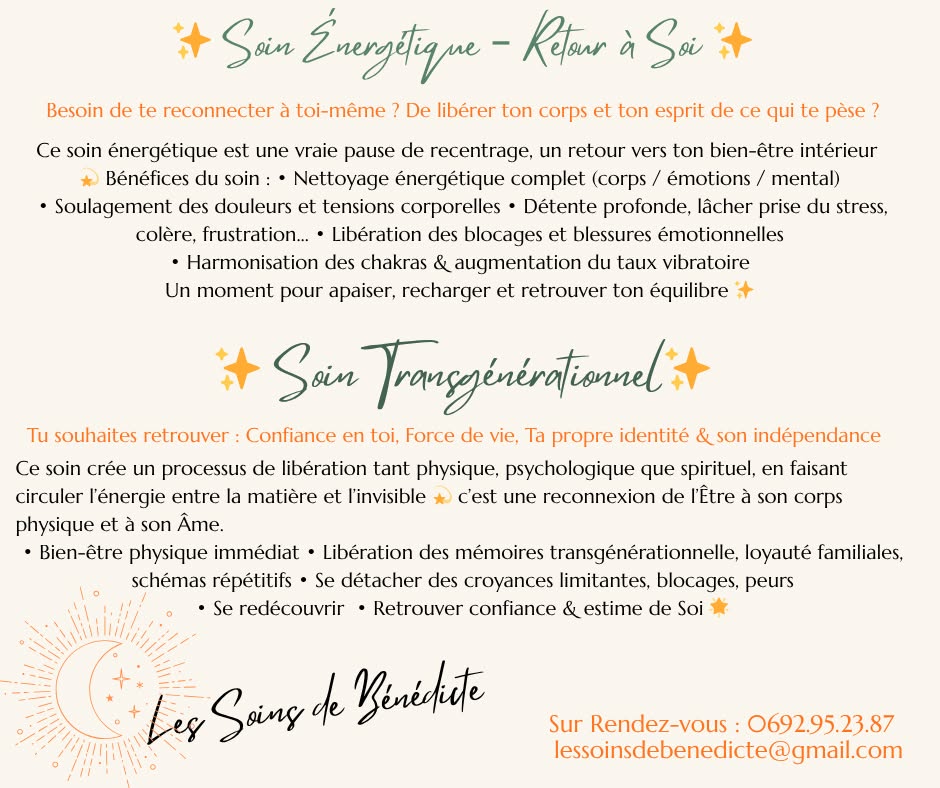 Les Soins de Bénédicte Facebook ad: Venez découvrir mes soins et massages énergétiques dans…