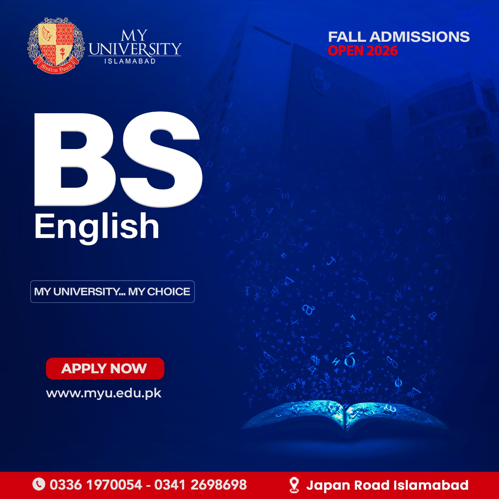MY University Facebook ad: Admissions Open, BS English Fall 2026
