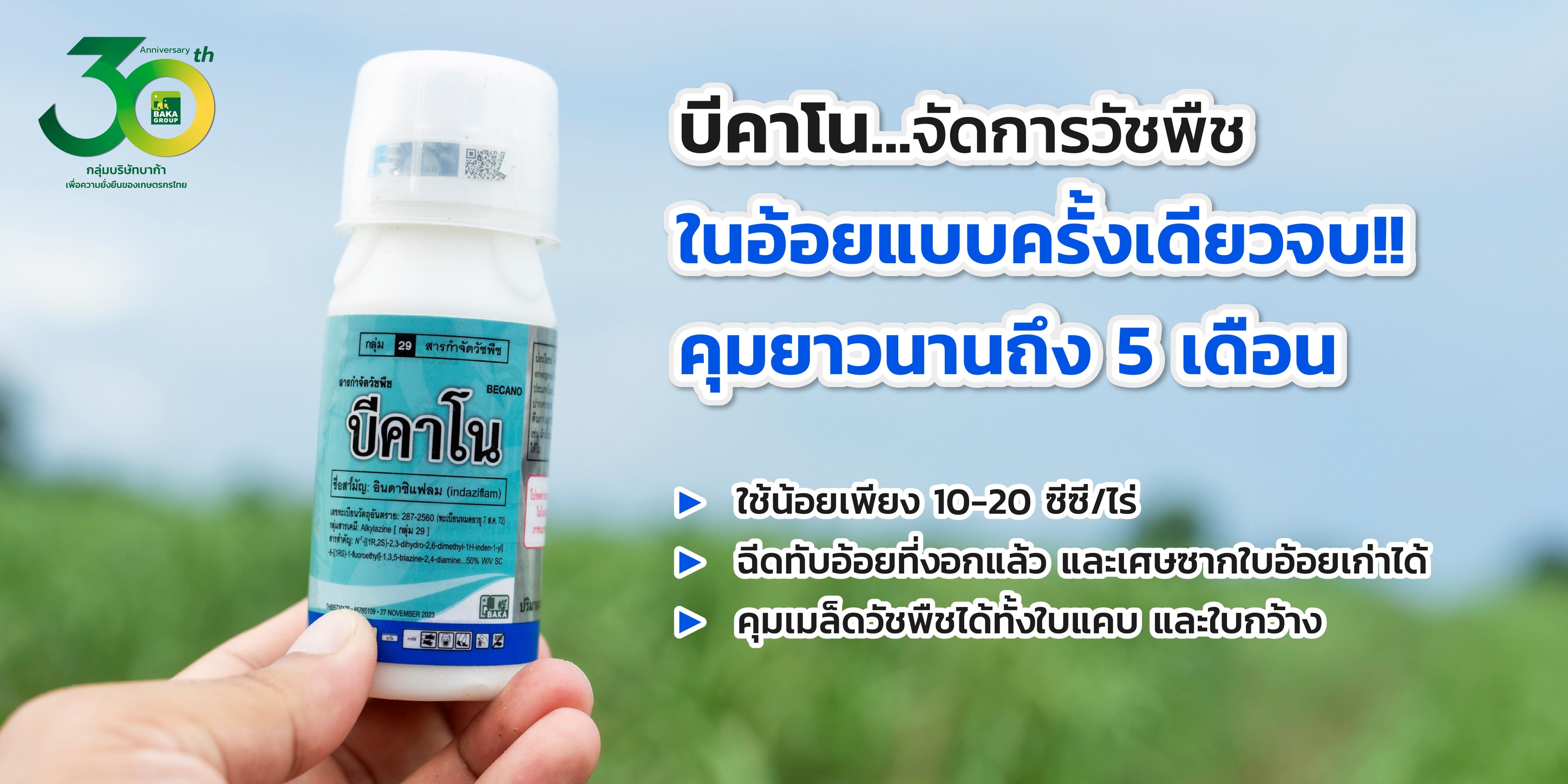 บาก้า เพื่อชาวไร่อ้อย Facebook ad: ฝนหลง ฝนมา ไม่ต้องกลัว มี บีคาโน ยาคุมวัชพืชดินเปียก.